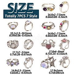 7 個 7 スタイルのラインストーン ハート & スター & ハーフラウンド オープン カフ リング セット キャットアイ ビーズ付き  女性のためのシルバー真鍮ジュエリー  ミックスカラー  内径：15.1~17.9mm  1個/スタイル&nbsp;RJEW-TA0001-03