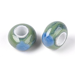 手作りの陶器ビーズ  ファンシーアンティーク施釉磁器  大穴ビーズ  ロンデル  ダークシーグリーン  15x8mm  穴：6mm&nbsp;PORC-S498-05R