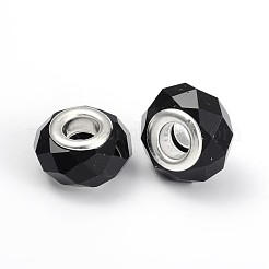 ガラスヨーロピアンビーズ  大穴ビーズ  多面カット  ブラック  シルバー色の鉄ハートと  約13 mm幅  長さ10mm  穴：5mm&nbsp;X-GDA001-27