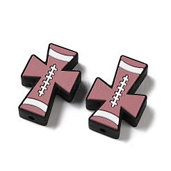 スポーツテーマシリコンビーズ  焦点ビーズ  ラグビー柄のクロス  ロージーブラウン  29~29.5x19~20x7mm  穴：2mm&nbsp;SL-D001-02D