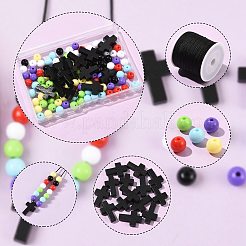 クロスペンダントネックレスのDIYキット  編み込みナイロン糸を含む  ウッドペンダント  不透明なアクリルビーズ  ミックスカラー  21~22x14~15x4~5mm  穴：1.8mm&nbsp;DIY-FS0009-08