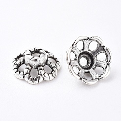 チベットスタイルの合金ファンシービーズキャップ  鉛フリー及びカドミウムフリー  花  アンティークシルバー  直径約9mm  厚さ4mm  穴：1mm&nbsp;X-LF0761Y