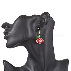 304ステンレススチール製パンプキンダングルイヤリング  アクリル、ガラスシード、ガラスビーズ付き  ゴールドカラー  クリムゾン  44x20mm&nbsp;EJEW-MZ00514-01