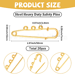 スチール製の頑丈な安全ピンブローチピン20個  ゴールドカラー  50x15x7mm  穴：1.8mm  3のループ&nbsp;FIND-SC0022-10