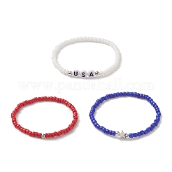 3 個 3 スタイル独立記念日ガラスビーズストレッチブレスレットセット  Word USA アクリル & アロイ スター スタッカブル ブレスレット 女性用  ミックスカラー  内径：2-1/8インチ（5.5cm）  1個/スタイル&nbsp;BJEW-TA00227