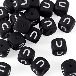 20個の食品グレードの環境に優しいシリコーンビーズ  水平穴  キューブ  ブラック  U字  12x12x12mm  穴：2mm&nbsp;SIL-TADJ0001-04U