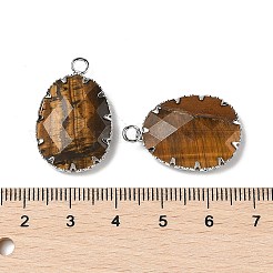 天然石タイガーアイペンダント  真鍮と鉄の金具が付いたファセット加工の楕円形のチャーム  プラチナ  26x17x5~6mm  穴：4.5mm&nbsp;G-H086-01P-04