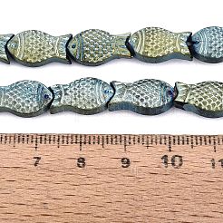 フルメッキつや消し電気メッキガラスの魚のビーズ連売り  メッキグリーン  15x8x5mm  穴：1mm  約30個/連  16インチ&nbsp;EGLA-M001-B01