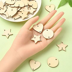 30 個 3 スタイル未染色未完成木製コネクタチャーム  フラットラウンド＆ハート＆スターリンク  湯通しアーモンド  29.5~30x30~31x2.5mm  穴：2~2.5mm  10個/スタイル&nbsp;WOOD-YW0001-12