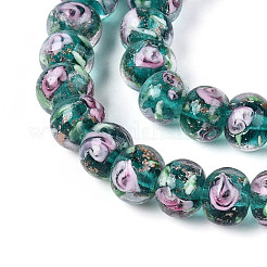 手作りのランプワークの内側の花のロンデルビーズ連売り  金粉付き  ティール  8~10x10~11mm  穴：0.9~1.4mm  約35個/連  10.83~11.42''（27.5~29センチメートル）&nbsp;LAMP-T022-24F