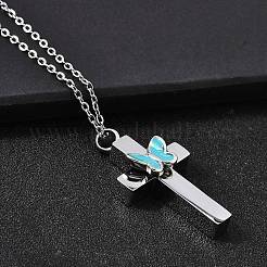 304 Stainless Steel Enamel Butterfly Cross Pendant Urn Ashes Necklaces&nbsp;NJEW-K393-03P