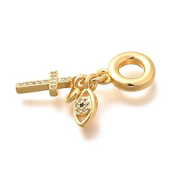 Brass Clear Cubic Zirconia Cross & Eye & Heart European Dangle Charms&nbsp;KK-U048-21G