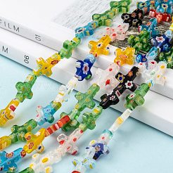 クロス手作りのミッレフィオーリガラスビーズ連売り  ミックスカラー  17x14x3mm  穴：1.5mm  約21個/連  14.1インチ&nbsp;LK-R004-31