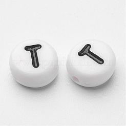 アクリル横穴レタービーズ  フラットラウンド  ホワイト  文字t  7x4mm  穴：1.2~1.8mm&nbsp;X-PL37C9070-T