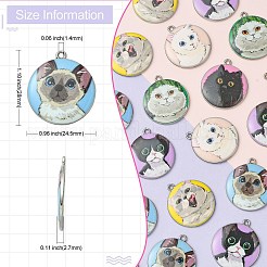 30個6スタイルプリントアロイペンダント  プラチナ  猫のチャーム付きフラットラウンド  ミックスカラー  28x24.5x2.7mm  穴：1.4mm  5個/スタイル&nbsp;ENAM-CJ0004-70