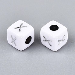 不透明なアクリルビーズ  文字付きのキューブ  シルバーライン入り  文字x  9~10x9~10x9~10mm  穴：4mm  約625個/500g&nbsp;SACR-T035-03X