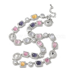Brass Micro Pave Clear Cubic Zirconia with Multicolor Cat Eye Rectangle Square Oval Tennis Necklaces&nbsp;NJEW-G183-05P