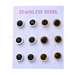 304ステンレススチールスタッドピアス  キュービックジルコニアとイヤーナット付き  ブラック  9.5mm  ピン：0.6mm  6のペア/カード&nbsp;STAS-D0001-06B