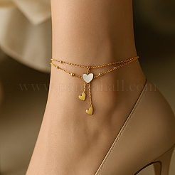 2Pcs 2 Colors Heart Stainless Steel & Shell Anklets&nbsp;AJEW-GO0002-56