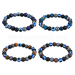 4Pcs 4 Colors Evil Eye Dyed Natural Tiger Eye & Black Agate Round Beaded Stretch Bracelets Set&nbsp;BJEW-FI0001-44