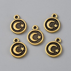 合金のチベット風チャーム  月と星のフラットラウンド  アンティーク黄金  12.5x10x1.5mm  穴：1.4mm&nbsp;FIND-WH0110-502L