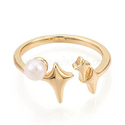 Brass & Natural Pearls Adjustable Open Cuff Rings for Women&nbsp;PEAR-N020-07I