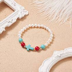 Synthetic Turquoise(Dyed) Cross & Natural Mashan Jade & Pearl Beaded Stretch Bracelet&nbsp;BJEW-TA00161