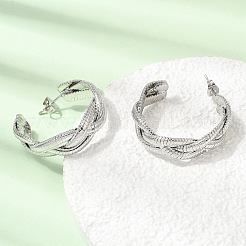 女性のための真鍮のスタッドピアス  ツイストロープ  ハーフフープピアス  プラチナ  30.5x10mm&nbsp;EJEW-F421-01P