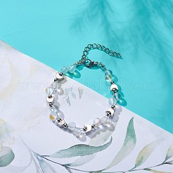 女性のための合成ムーンストーンと真鍮の月のビーズのブレスレット  7-1/4インチ（18.5cm）&nbsp;BJEW-JB08851