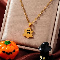 ハロウィン 304ステンレススチール エナメルペンダントネックレス  ユニセックスの金メッキダップチェーン付き  ゴースト  ブラック  15.75インチ（40cm）&nbsp;PA5568