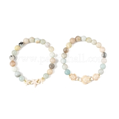 2Pcs 2 Styles Ocean Starfish Turtle Synthetic Turquoise & Round Natural Flower Amazonite Stretch Beaded Bracelet Sets&nbsp;BJEW-JB14405