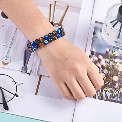 天然黒曜石 & タイガーアイ & ナザールボンジュウランプワーク編みビーズ ブレスレット  女性用の2-1/8~3-1/8層ジェムストーンブレスレット  内径：5.3~7.8インチ（{2}cm）&nbsp;BJEW-SW00001-20