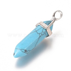 合成ターコイズポイントペンダント  真鍮パーツ  弾丸  プラチナ  40x13x10mm  穴：4x5mm&nbsp;G-WH0004-09