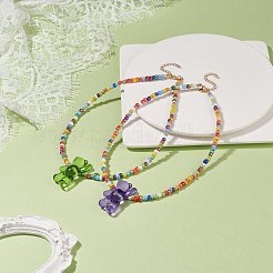 女性のためのアクリル製のクマとガラスの種のビーズのネックレス  ミックスカラー  15.28インチ（38.8cm）&nbsp;NJEW-JN03930