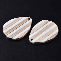 ストライプレジン＆ウッドペンダント  ティアドロップ  ホワイト  36x26x3mm  穴：1.8mm&nbsp;RESI-N025-015A-B01