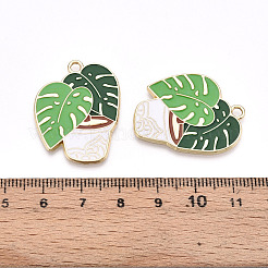 合金エナメルチャーム  カドミウムフリー＆鉛フリー  葉のある鉢植え栽培  ライトゴールド  芝生の緑  29.5x23x1.5mm  穴：2mm&nbsp;X-FIND-I014-07LG