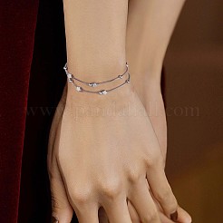 変色防止ロジウムメッキスターリングシルバーサテライトチェーンマルチ連ブレスレット、スタービーズ付き  女性の女の子のためのジュエリーギフト  プラチナ  925インチ（5-7/8cm）&nbsp;JB708A