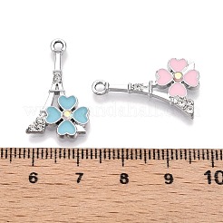 ラックメッキ合金ラインストーンペンダント  エナメル  花とエッフェル塔  プラチナ  24.5x14.5x3mm  穴：1.8mm&nbsp;FIND-N005-25P