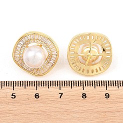ナゲット真鍮マイクロパヴェクリアキュービックジルコニアスタッドピアス  ABSの模造パールと  長持ちメッキ  鉛フリー＆カドミウムフリー  18KGP本金メッキ  乳白色  19x19mm&nbsp;EJEW-T051-06G