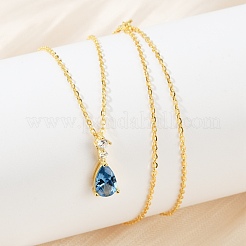 925 Sterling Silver Sapphire Rhinestone Teardrop Pendant Necklace for Women&nbsp;NJEW-V013-01G