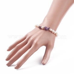 Natural Amethyst & Pearl Beaded Bracelet with Alloy Enamel Heart Charms&nbsp;BJEW-JB08039-03