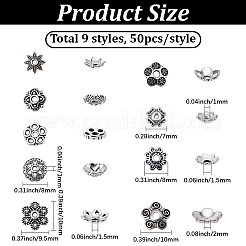 450 個 9 スタイル チベット スタイル合金ビーズ キャップ  花  アンティークシルバー  7~10x2~3mm  穴：1~2mm  50個/スタイル&nbsp;FIND-BM0001-31