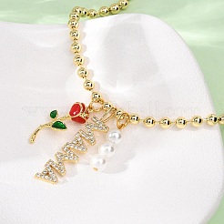 Mother's Day Brass Micro Pave Clear Cubic Zirconia Enamel Red Rose Flower Mama Pendant Necklaces for Women&nbsp;NJEW-A071-02G