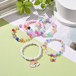 5 スタイルのラウンド & ハート & クローバー ビーズ ブレスレット 5 個セット  女の子のための合金エナメルフラワー＆レインボーチャームスタッカブルブレスレット  ミックスカラー  内径：1-3/4インチ（4.3~4.6cm）  1個/スタイル&nbsp;BJEW-JB08929