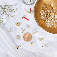 40個10スタイルの合金スタッドピアス金具  ループとスチールピン付き  プラスチック保護カバー付き  50個のプラスチック製イヤーナット  スター＆フラワー＆ハート＆フラットラウンド＆リング＆スクエア  ライトゴールド  10~16.5x7.5~14mm  穴：1~7mm  ピン：0.7~0.8mm  4個/スタイル&nbsp;FIND-CA0003-27