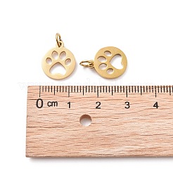 304ステンレスペンダント  犬の足のプリントとフラットラウンド  ゴールドカラー  14x12x1.1mm  穴：4mm&nbsp;STAS-Q201-T455G