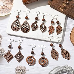 6 Pairs 6 Styles Natural Walnut Wood Dangle Earrings for Women&nbsp;EJEW-JE06101