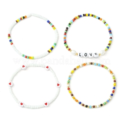 4Pcs 4 Styles Love Theme Glass Seed Beaded Stretch Bracelets Sets&nbsp;BJEW-TA00323