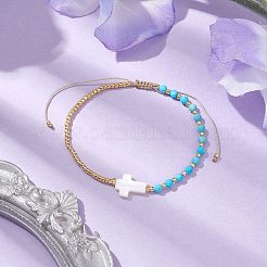 3mm ラウンドファセット染色天然マグネサイトとシードビーズ編みビーズブレスレット  女性用調節可能なクロス天然貝殻ブレスレット  0.2~0.35cm  内径：2-1/8~2-3/8インチ（5.5~6cm）&nbsp;BJEW-JB10594-01