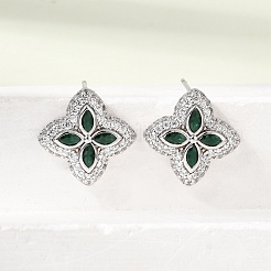 真鍮製マイクロパヴェキュービックジルコニアスタッドピアス  パヴェクラスターイヤリング  花  鉛フリー＆カドミウムフリー  ラックめっき  長持ちメッキ  プラチナ  ミックスカラー  15.5x15.5mm&nbsp;KK-CBA8324-25P